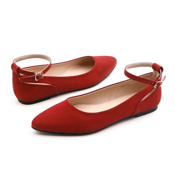LURNYET Women's RED NUBUCK Casual Ankle Strap Pointed Toe Ballet Flats Shoes - Picture 2 of 6